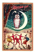 c1908 Tucks #160 Halloween Postcard Red Devil & Witch Dance, Owl Embossed picture