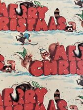 VTG MERRY CHRISTMAS WRAPPING PAPER GIFT WRAP CUTE ANIMALS IN SNOW 1960 picture