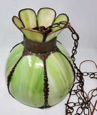 RARE Antique VTG Bent Slag Glass 6-Panel Swirl Green/Cream Hanging Lamp or Shade picture