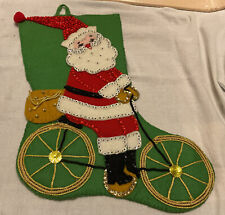 Vtg Felt Christmas Stocking Applique Sequins Santa Bike Handmade Finished #1 C picture