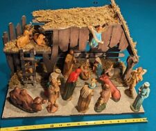 1980 Vintage 19 Piece Art Plastic Celluloid Nativity Set & WOOD Creche Hong Kong picture