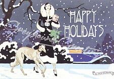 Vintage Altered Art Greyhound and Lady Happy Holidays Cards - Set of 4, with env picture