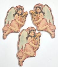 Lot 3 Victorian Angels With Harps Roses Cardboard Diecut Christmas Ornaments  picture