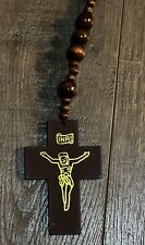 New Rosary Christian Crucifix Large Brown Wooden Beads 29” Padre Nuestro picture