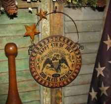 Primitive Vtg Style 1776 4th of July God Bless America Fabric Wooden Stars Sign picture