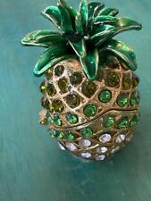 Vintage Pristine Trinket Box Pineapple Brass Enamel Multicolor Crystals picture