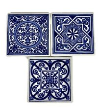 Set Of 3 BOMBAY 1998 Vintage Blue & White Chinoiserie Porcelain Tile Coasters picture