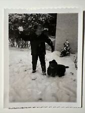 1950s Boy Throwing SNOWBALL to Black SCOTTY DOG Snow vintage Photo Snapshot picture