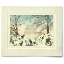 c1940 Vintage US Capitol Winter Hand-Colored Photograph Holiday Greetings Card picture