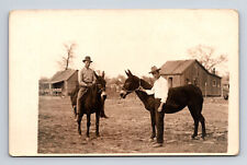 RPPC Two Men With Mules on Old Farm Homestead Houses Real Photo Postcard picture