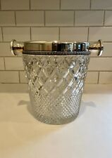 VINTAGE CUT GLASS TWIN HANDLED LARGE ICE BUCKET - MID CENTURY picture