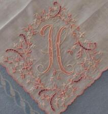 Stunning VTG Madeira Pink Monogram H Wedding Hanky Heavily Embroidered Cutwork picture