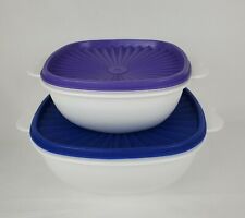Tupperware Set of 2 Servalier Bowls w/ Lids #2510 #2511 White Blue Purple RARE picture