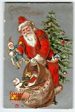 Santa Claus Christmas Postcard Long Fancy Robe Old World Embossed Tree Toys picture