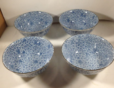 Set of 4 Vintage Porcelain Asian Blue Floral Footed Soup Bowls picture