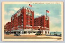 c1942 Hotel Racine On Lake Michigan, Wisconsin - US Flags VINTAGE Postcard picture