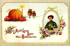 Vintage Gottschalk Lovely Victorian Lady,Owl,Pumpkin Romantic Halloween Postcard picture