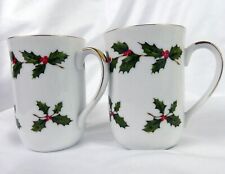 VTG 1985 Lefton Christmas Holly & Berry Porcelain Coffee Tea Cups Pair picture