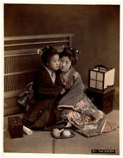 Japan, two young Geisha, the sisters vintage print, albumin print watercolor print picture