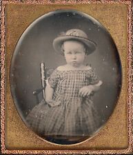 Adorable Light Eyed Young Child Hat + Plaid Dress 1/6 Plate Daguerreotype T295 picture