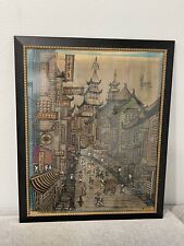 Vintage Chinese Mid Century Modern Signed Color Woodcut Print Cityscape picture