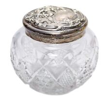 Antique Repousse Sterling Silver Cut Crystal Floral Covered Powder Jar Bowl picture