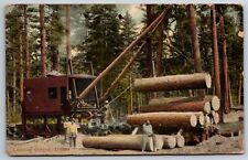 Oregon~Loading Timber~Workers on Logs~Tractor~1910 Postcard picture