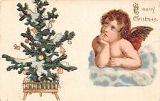 A MERRY CHRISTMAS Cherub and Tree c1910 Antique Postcard 9110 picture