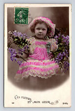 c1913 RPPC Young French Girl Pink Dress Hat Flowers Hand Colored Postcard picture