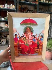 Antique Raja Ravi Verma Lithograph Print Of Lord Ganesha With His Wives Framed picture