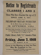 RARE 1918 CITY of BOSTON U.S. MILITARY CLASS REGISTRATION NOTICE POSTER picture