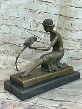 PURE BRONZE STATUE GIRL WITH PARROT ART DECO SIGNED ATFER CHIPARUS FIGURE DECOR picture
