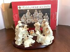 12 Pc Mini Porcelain Nativity Set w/Wood Display Tray Christmas Holiday Decor picture