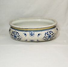 VTG Lg  Oval Blue & White Chinoiserie Planter Pot Porcelain Jardiniere Ironware picture