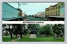 Mcpherson KS-Kansas, Street View And Statue In Park, Vintage Postcard picture