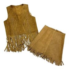 Vintage Buckskin Leather Fringe Vest Skirt Set Small Western picture