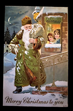 Long Green Robe Santa Claus with Children Antique~Christmas Postcard-h980 picture