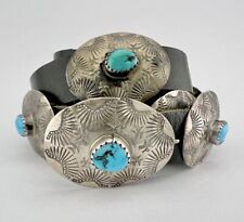 Vtg Navajo Native American Sterling Silver Turquoise 12 Oval Concho Hat Band 48g picture