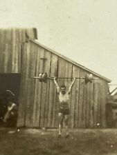 R7 Small Photograph 1910-20's Farm Man Skinny Handsome Beefcake Barn Weight Lift picture