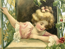 Christmas Children Postcard Winsch Back Girl Opens Window Silver Gold Foil Bells picture