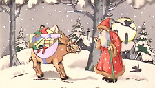 Vintge FRANCE Christmas Postcard Embellished Glitter Brown Trim Santa Donkey picture