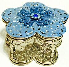 VTG Silver Tone Filigree Trinket Box, Flower-Shaped Bejeweled Blue Metallic picture