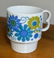 Vintage 1970s Mod Flowers Blue And Green Stacking Coffee Cup Mug Japan picture