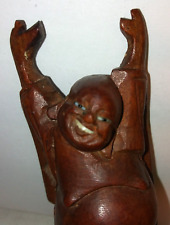 Vtg LAUGHING BUDDHA FIGURINE Hand Carved Wood Happy Arms Raised Inlay Eyes Teeth picture