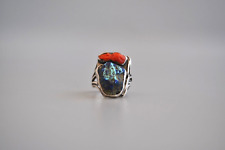 Old Pawn Navajo Sterling Silver Ring Turquoise coral Size 7 3/4 picture