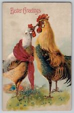 Easter Fantasy Postcard Romantic Dressed Hen Rooster Kissing VTG Embossed 1910s picture