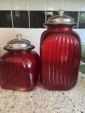 vintage red glass canister set W/  aluminum Lids picture