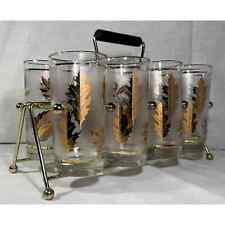8 Amazing MCM Libbey Gold Leaf Glasses and Wood/Brass Carrier Mid Century Modern picture
