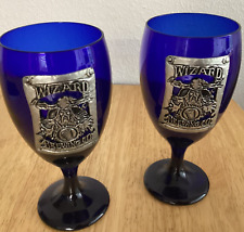 2 Vintage WIZARD Brewery Glasses Blue Glass Silver 16oz Libbey Wine Beer USA picture