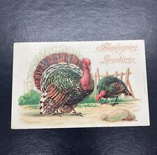 VINTAGE EMBOSSED THANKSGIVING POSTCARD LARGE & SMALL TURKEYS IN A YARD 1908 picture